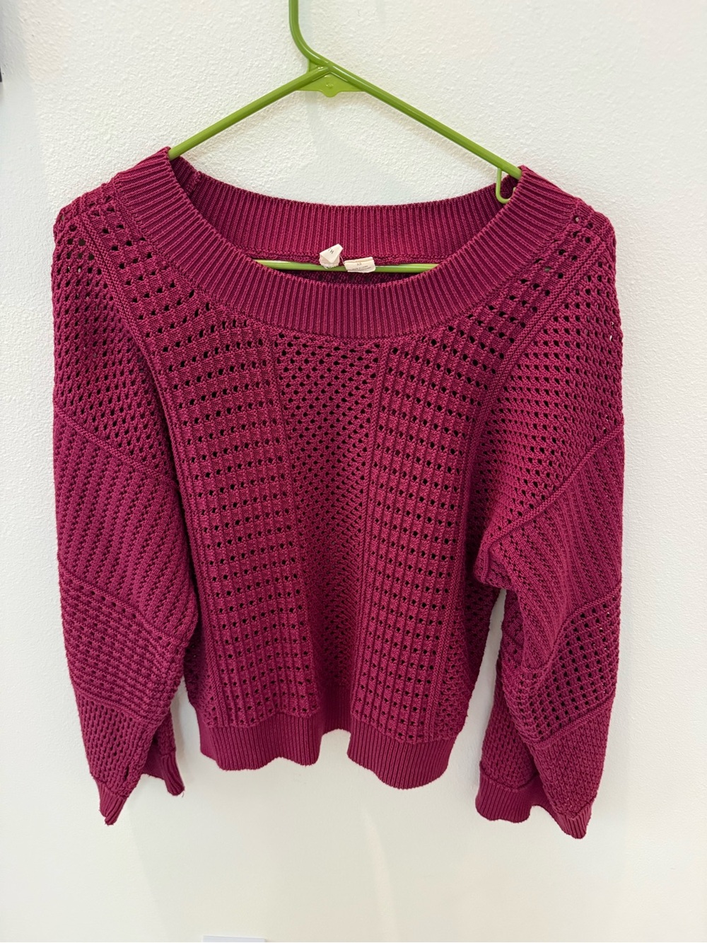 Moth Womens Raspberry Open-Knit Crew Sweater